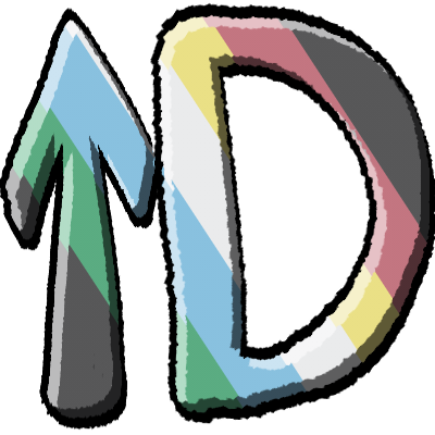 an up arrow and capital D, beveled with a black outline and colored with the disability pride flag.